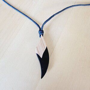 Black epoxy and wood horn shaped pendant necklace with adjustable rope chain